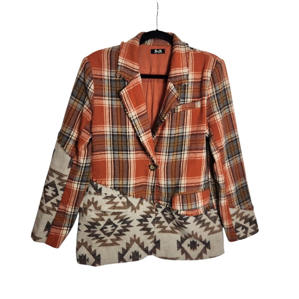 Miss Me Plaid Aztec Mixed Media Blazer Jacket Orange Brown MJ0512L Medium